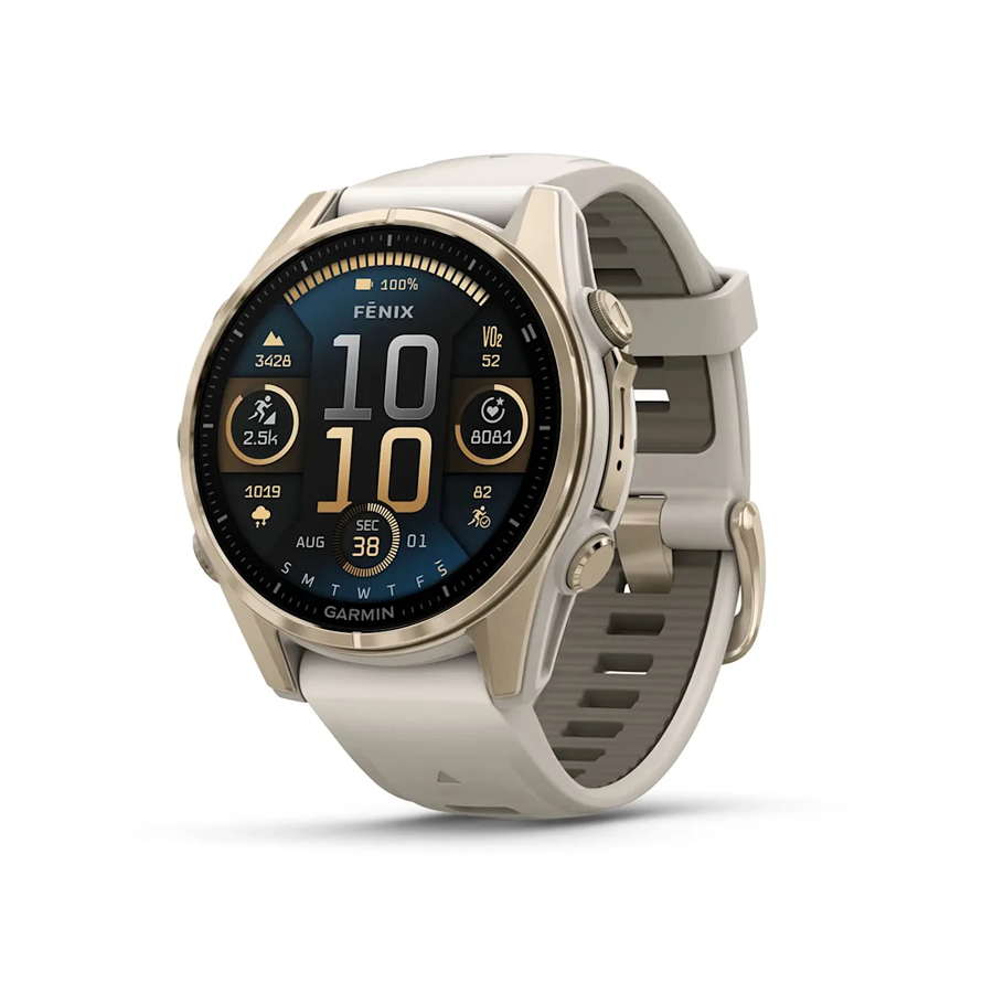 Garmin Fenix® 8 – 43 mm, AMOLED Sapphire, Soft Gold / Fog Gray Silicone Strap