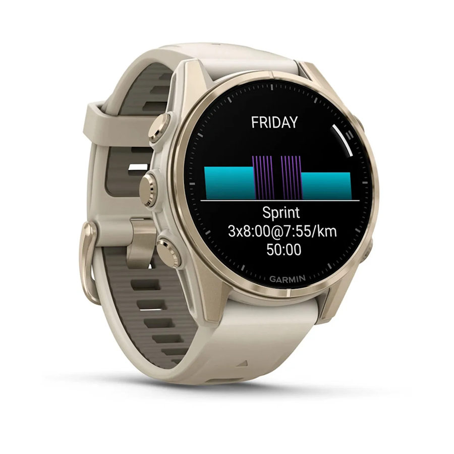 Garmin Fenix® 8 – 43 mm, AMOLED Sapphire, Soft Gold / Fog Grey Silicone Kayış