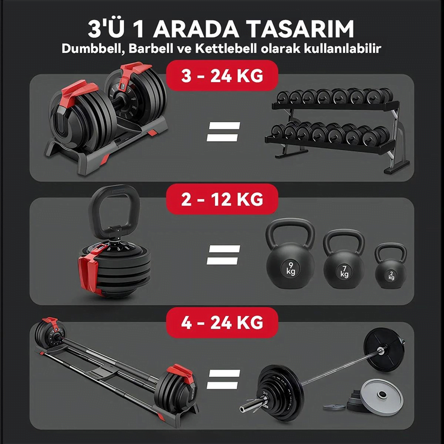 KingSmith Mekanik Ayarlı 24KG Dambıl, Kettlebell, Halter Seti (3ü1 Arada)